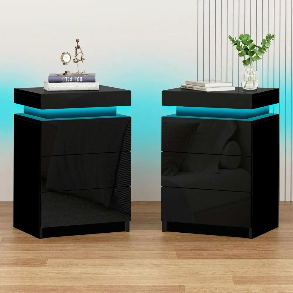 Alfordson 2x Bedside Table LED Black Gloss - Furniture