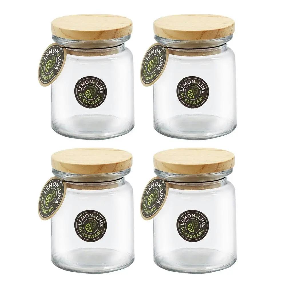 4x Lemon & Lime Glass Jar With Wooden Lid 250ml 10.5cm Kitchen Storage Container - Home & Garden