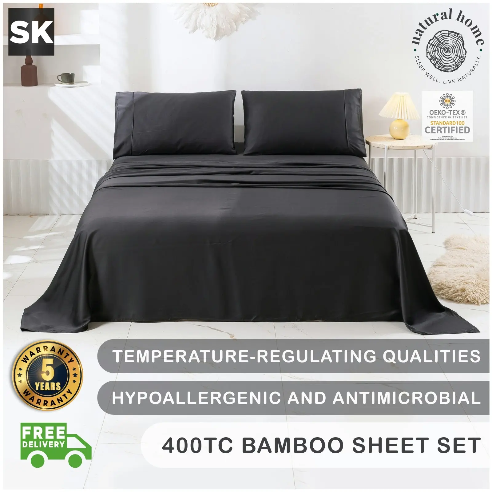 Natural Home Bamboo Sheet Set Charcoal Super King Bed - Home & Garden