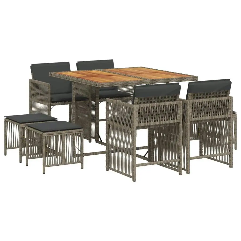 9 Piece Garden Dining Set with Cushions Grey Poly Rattan 3211682 - Furniture