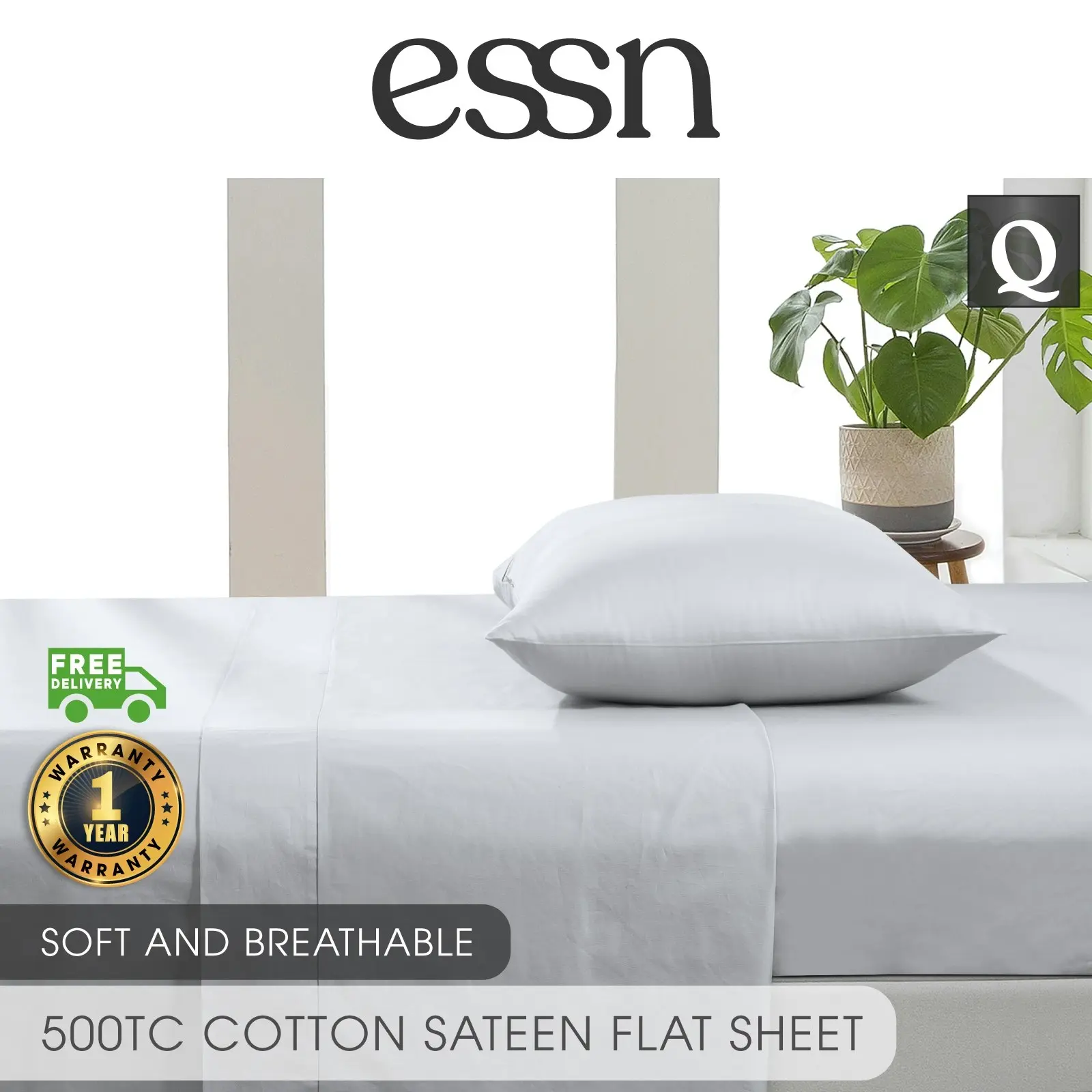 ESSN 500TC Cotton Sateen Flat Sheet Silver Queen Bed - Home & Garden