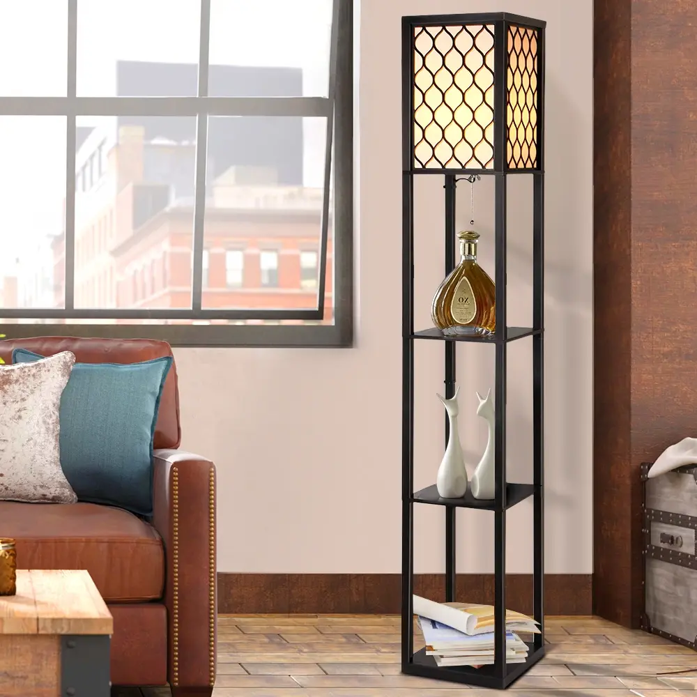 Artiss Floor Lamp 3 Tier Shelf Storage LED Light Stand Home Room Pattern Black - Free Shipping Specials