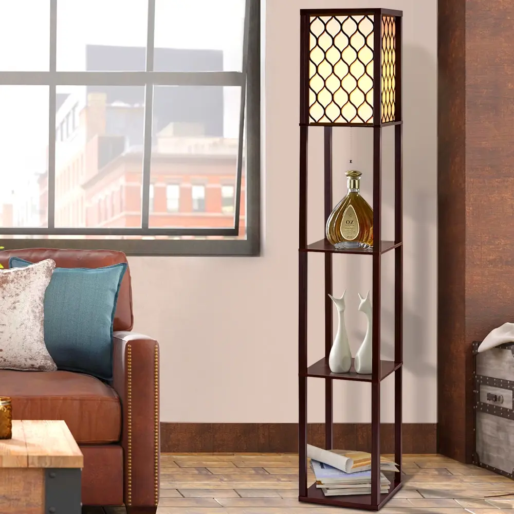 Artiss Floor Lamp 3 Tier Shelf Storage LED Light Stand Home Room Pattern Brown - Free Shipping Specials