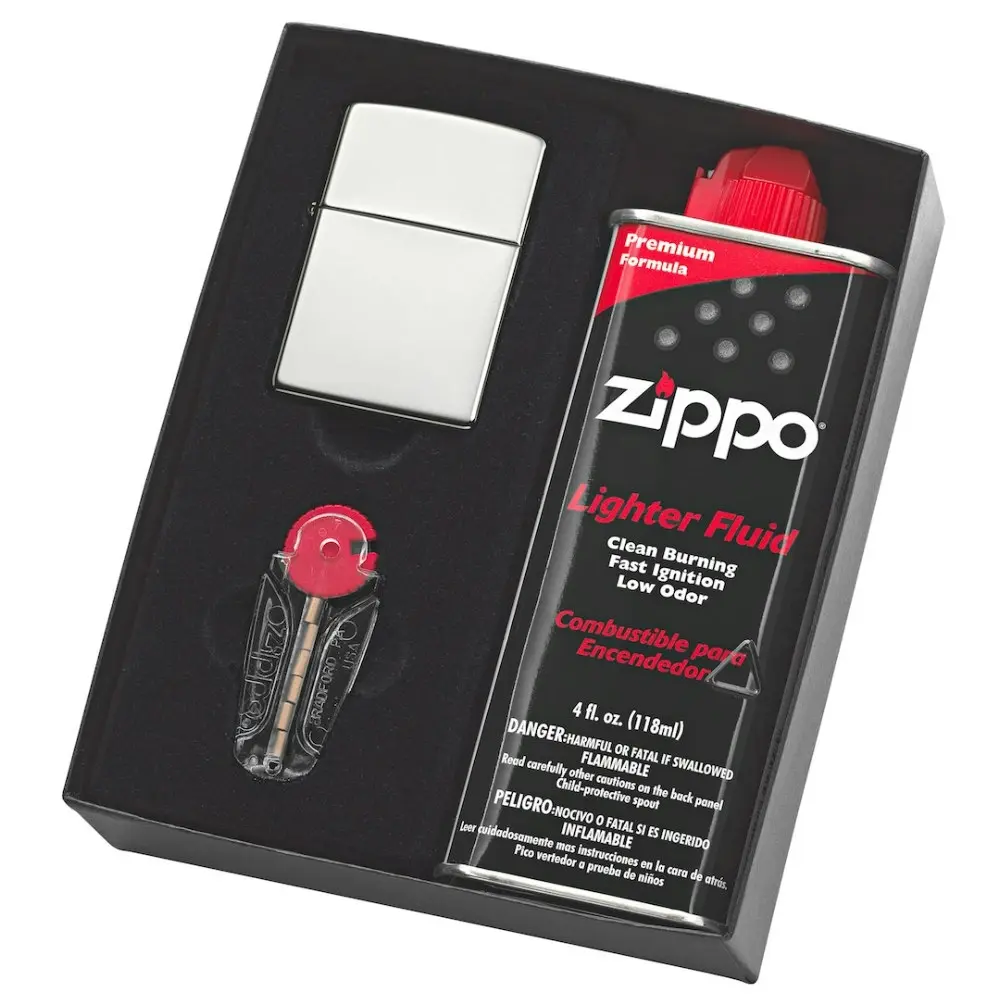 Zippo #250 High Polished Chrome Lighter Gift Set W/ Fluid & Flints - Sports & Outdoor