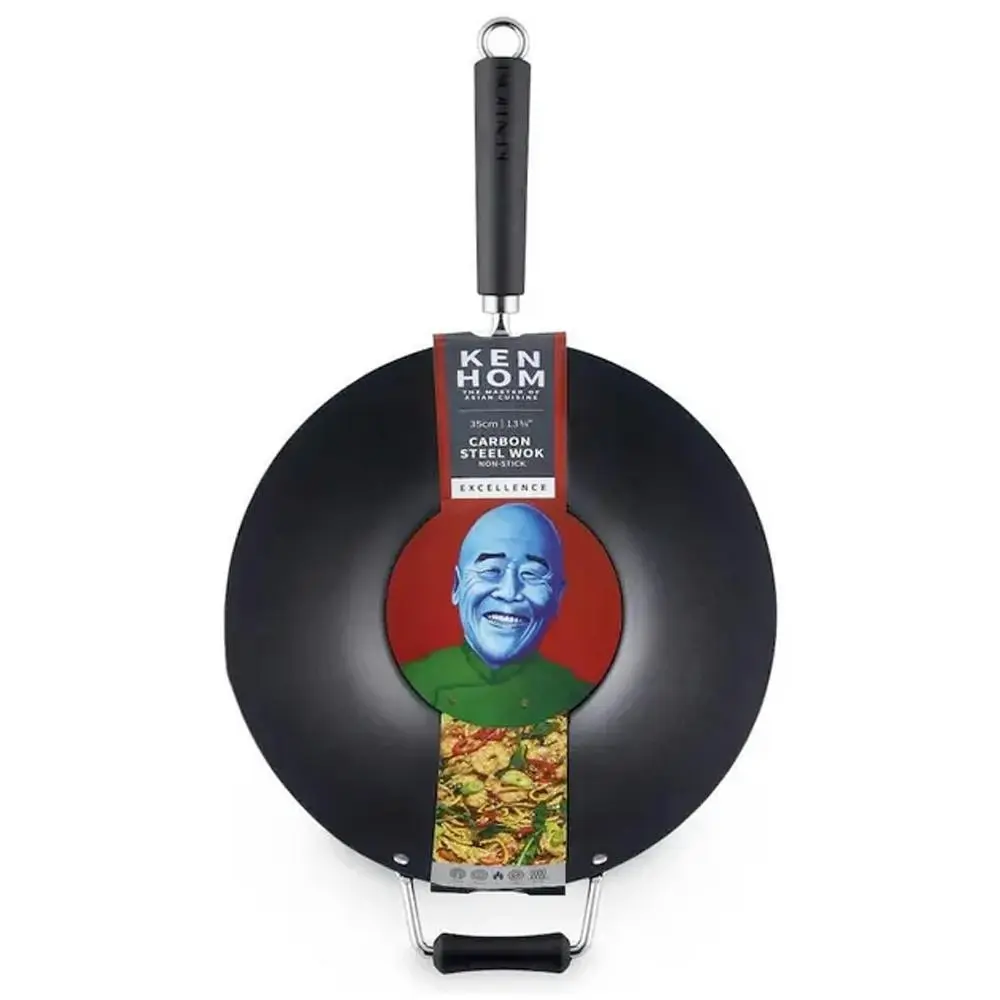 Ken Hom Large Wok Professional Carbon Steel Kitchen Tool Flat Base 35cm Black - Home & Garden