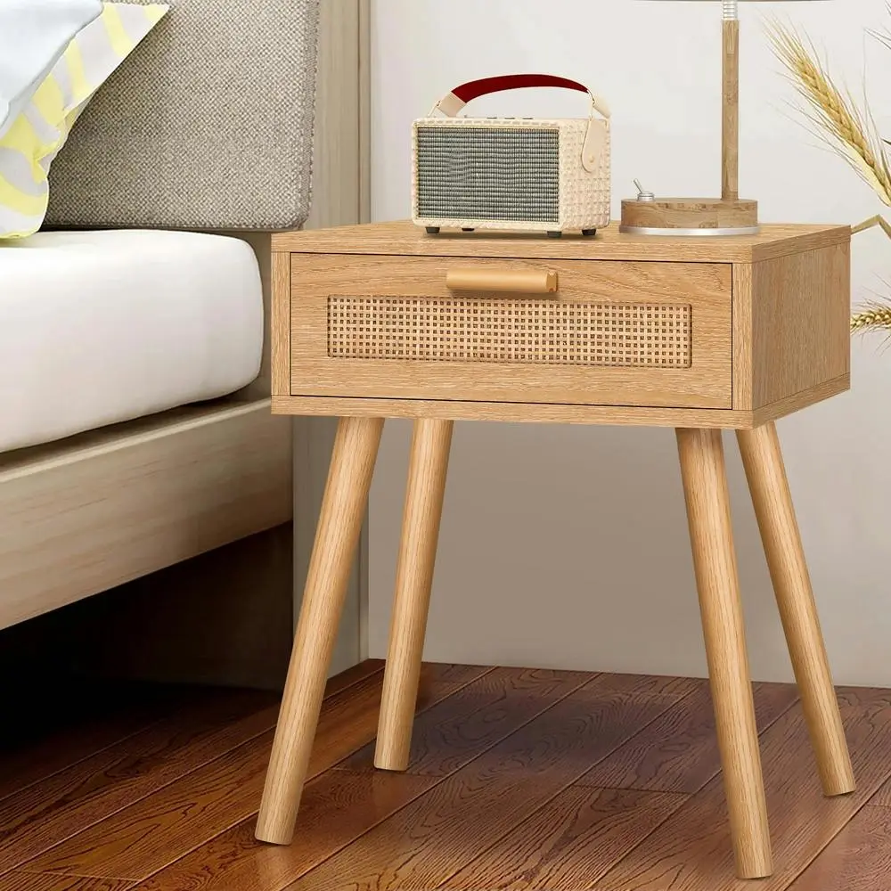 Alfordson Bedside Table Nightstand Side Storage Rattan Oak - Furniture