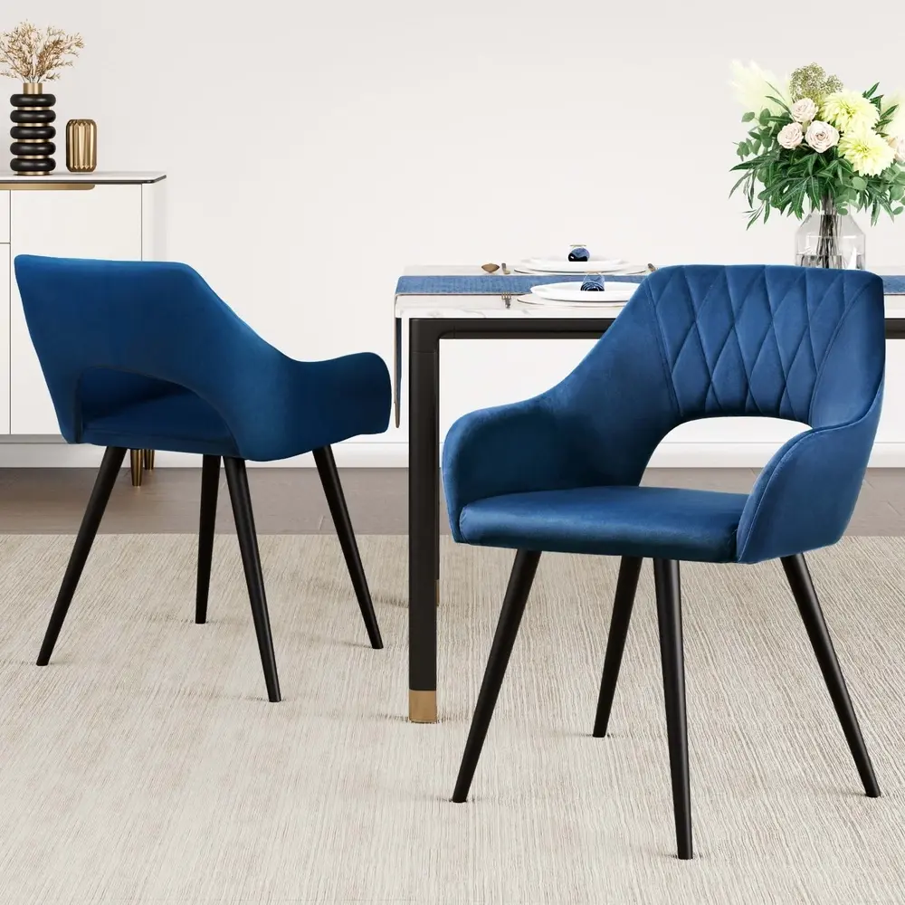 Artiss Dining Chairs Set of 2 Velvet Hollow Armchair Blue - Furniture