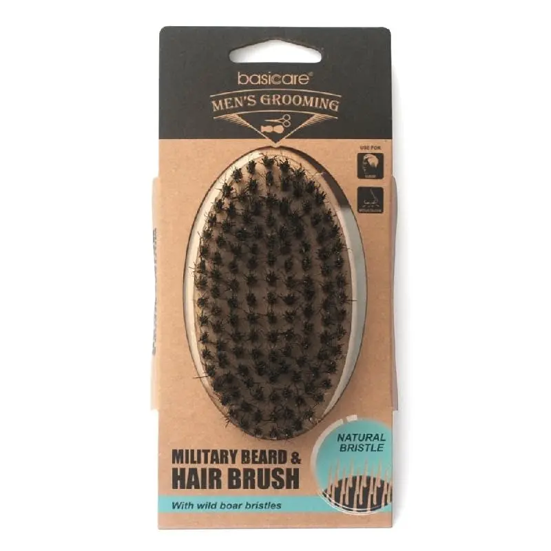 Basicare Military Beard and Hair Brush with Firm Natural Boar Bristles - Beauty