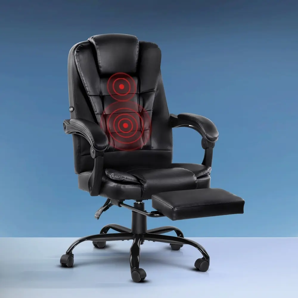 Artiss 2 Point Massage Office Chair PU Leather Footrest Black - Furniture