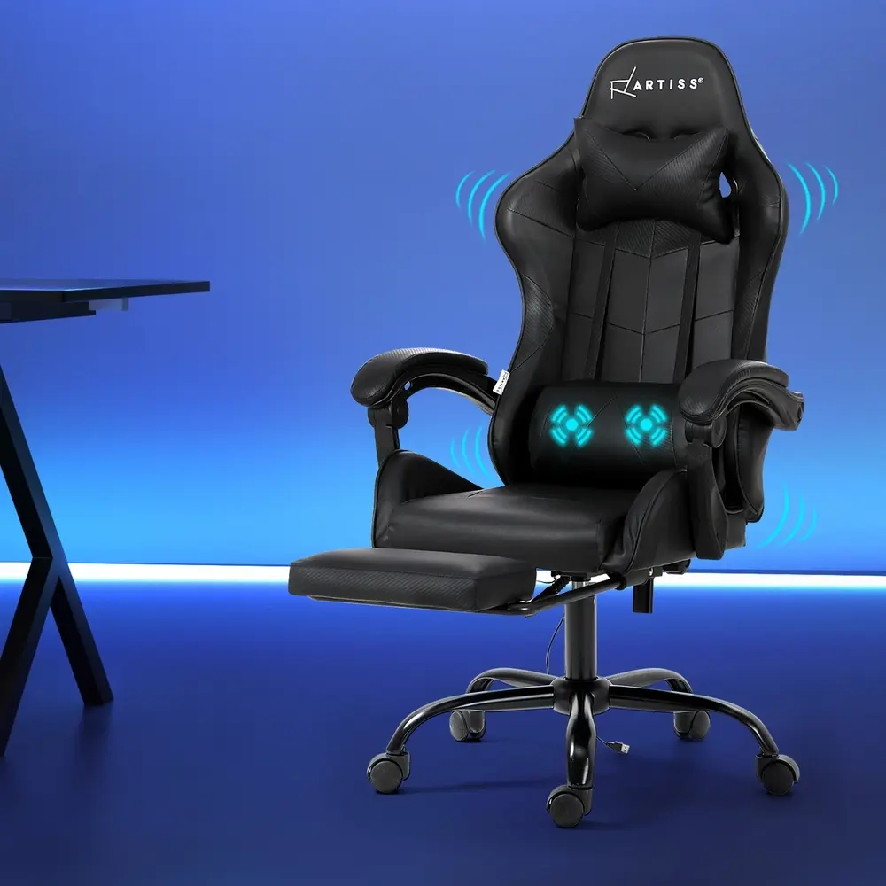 Artiss 2 Point Massage Gaming Office Chair Footrest Black - Furniture