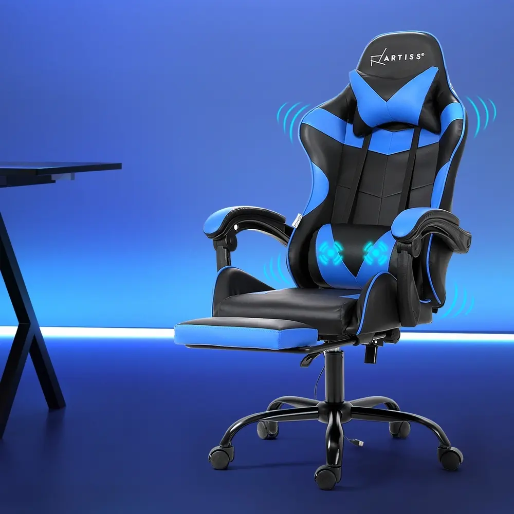 Artiss 2 Point Massage Gaming Office Chair Footrest Blue - Furniture