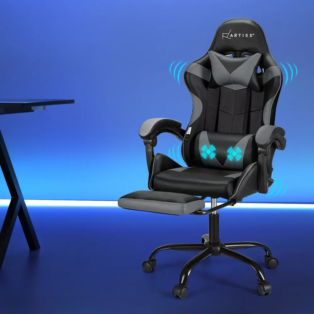 Artiss 2 Point Massage Gaming Office Chair Footrest Grey - Furniture