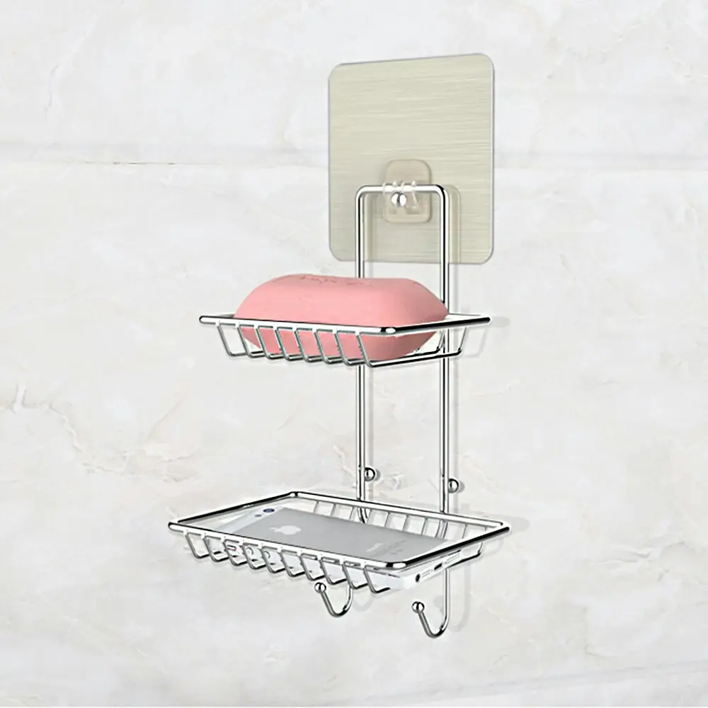 Double Layer Soap Rack Stainless Steel Bathroom Shelf-Silver