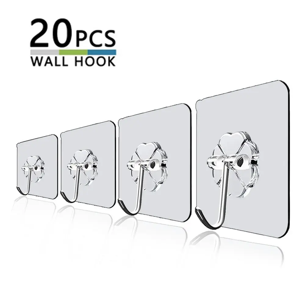 20Pcs 6x6cm Transparent Strong Self Adhesive Door Wall Hangers Hooks - Home & Garden