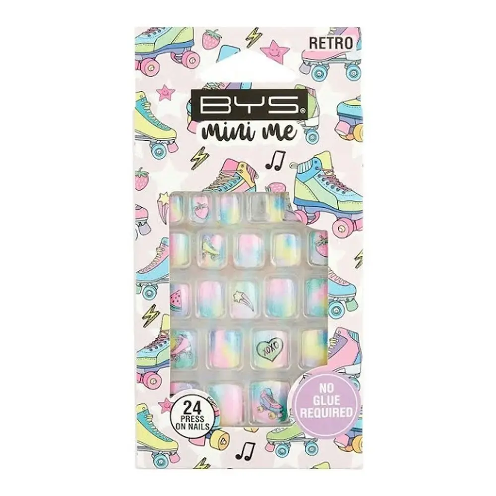 24pc BYS Mini Me Kids/Children Stick/Press On Artificial Nails Roller Retro 3y+ - Beauty