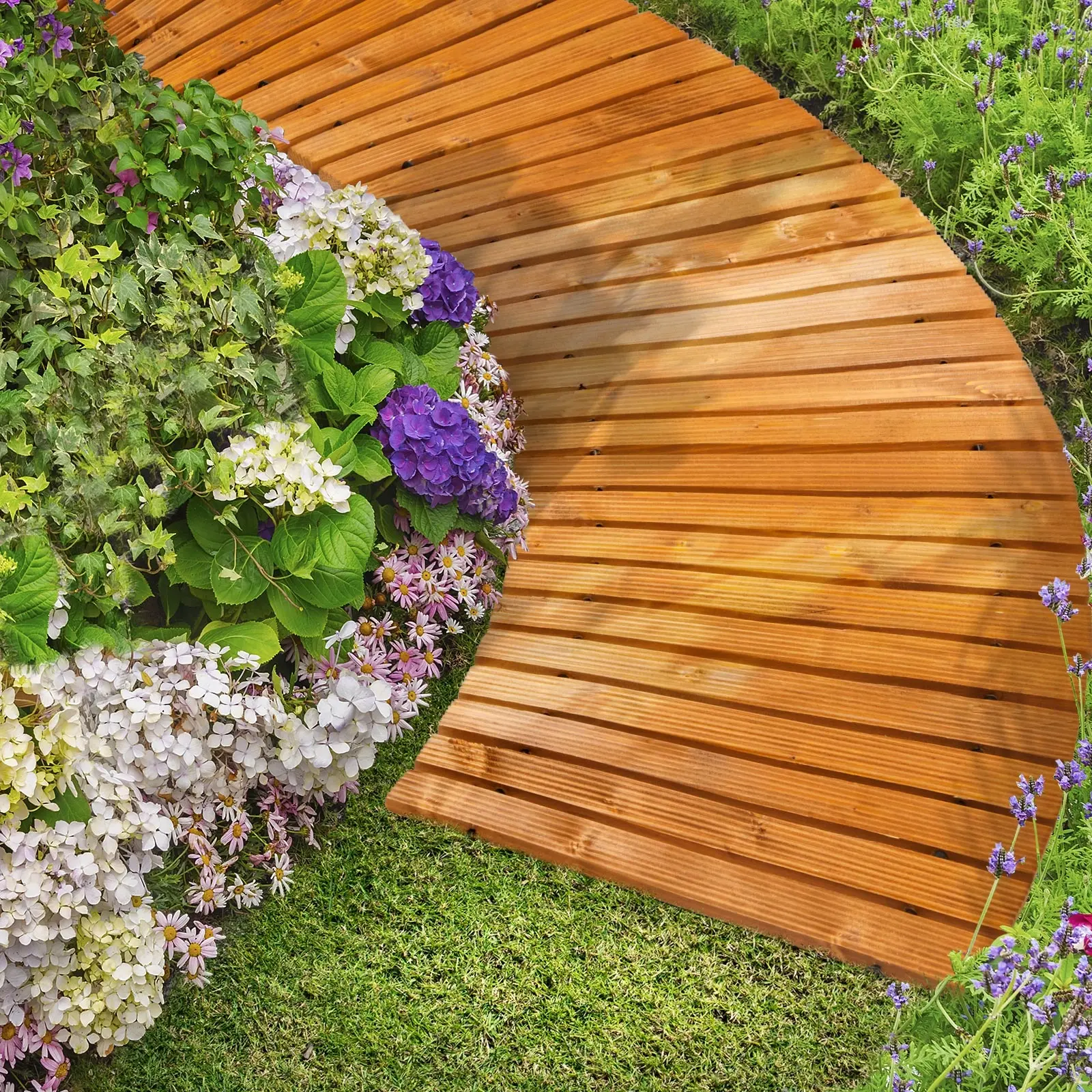 Livsip Garden Wooden Pathway 8ft Curved Roll-Out Wood Walkway Outdoor Backyard