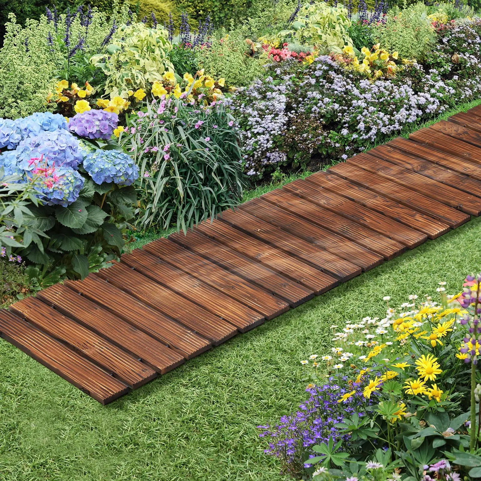 Livsip Garden Wooden Pathway 8ft Roll-Out Straight Wood Walkway Backyard Outdoor