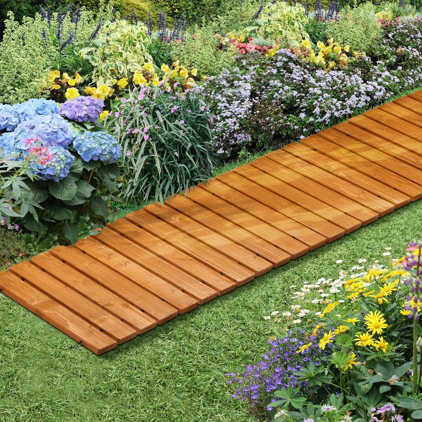 Livsip Garden Wooden Pathway 8ft Straight Roll-Out Wood Walkway Outdoor Backyard