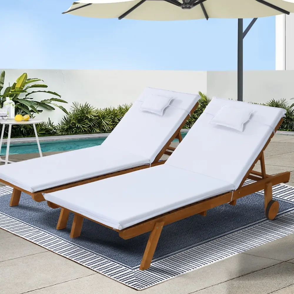 Gardeon 2x Sun Lounge Wooden Lounger Outdoor Furniture Day Bed Wheel Patio White - Up to 65% off Outdoor Furniture