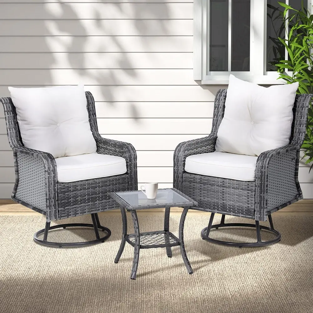 Gardeon 3PC Outdoor Furniture Bistro Set Lounge Wicker Swivel Chairs Table Cushion Grey - Up to 65% off Outdoor Furniture