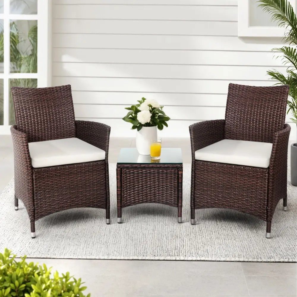 Gardeon 3PC Outdoor Bistro Set Patio Furniture Wicker Setting Chairs Table Cushion Brown - Up to 65% off Outdoor Furniture