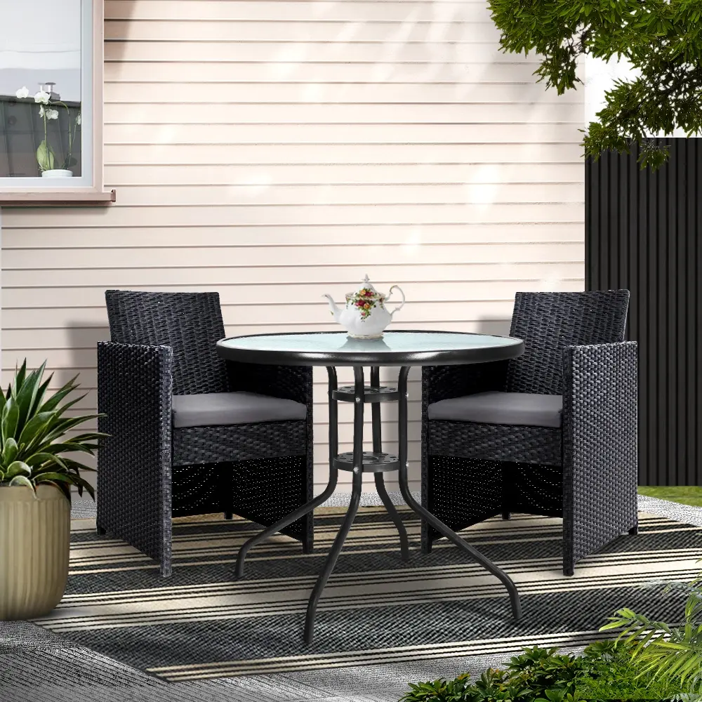 Gardeon 3PC Bistro Set Outdoor Furniture Rattan Table Chairs Cushion Patio Garden Hugo