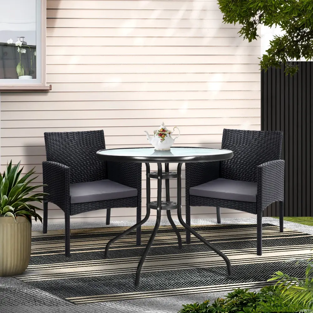 Gardeon 3PC Bistro Set Outdoor Furniture Rattan Table Chairs Cushion Patio Garden Ezra