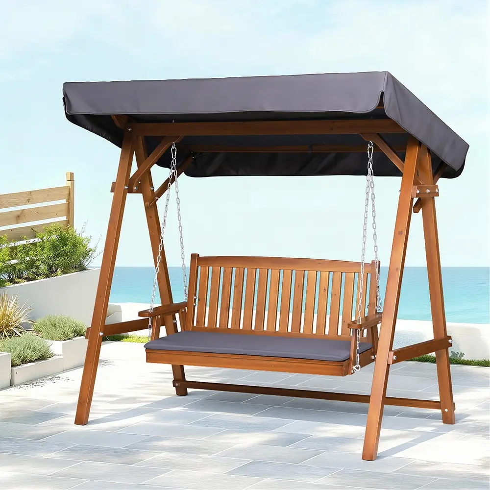 Gardeon Outdoor Wooden Swing Chair Garden Bench Canopy Cushion 3 Seater Teak - Furniture