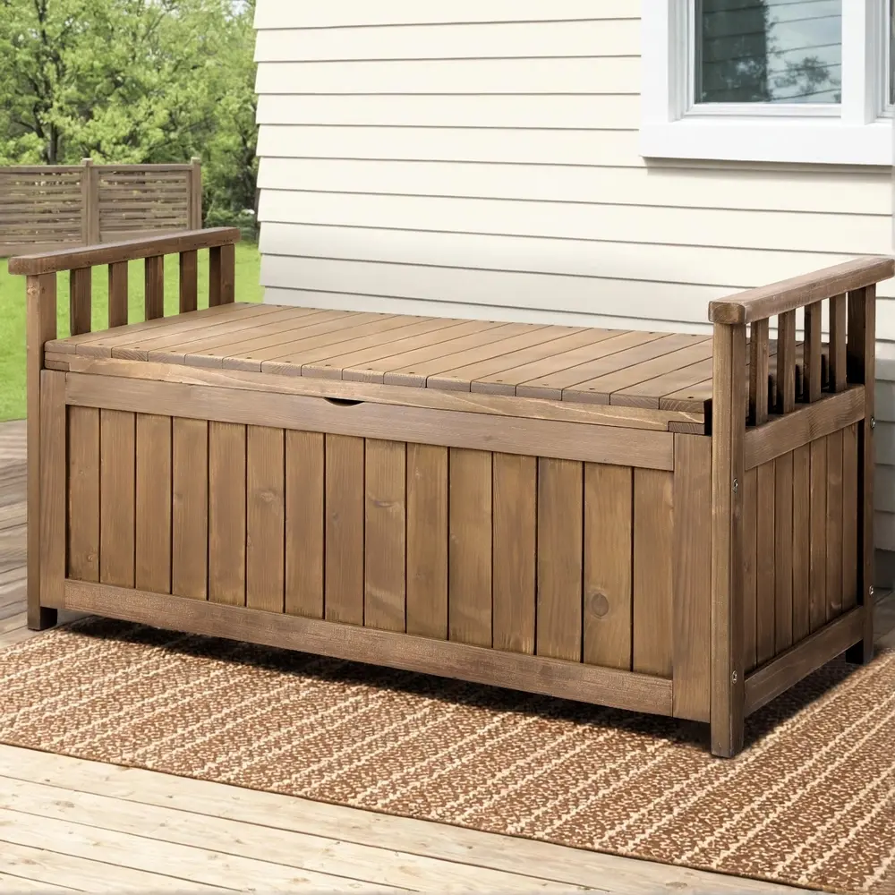 Gardeon Outdoor Storage Bench Box Wooden Garden Toy Tool Sheds Patio Furniture Brown - Outdoor Storage Boxes - Up to 60% off