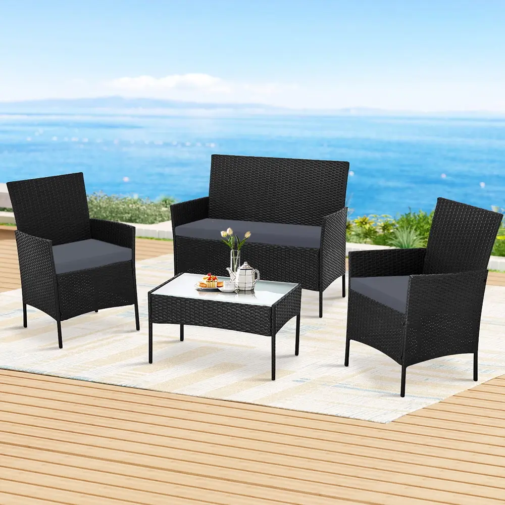 Gardeon 4 Seater Outdoor Sofa Set Wicker Setting Table Chair Furniture Black - Up to 65% off Outdoor Furniture
