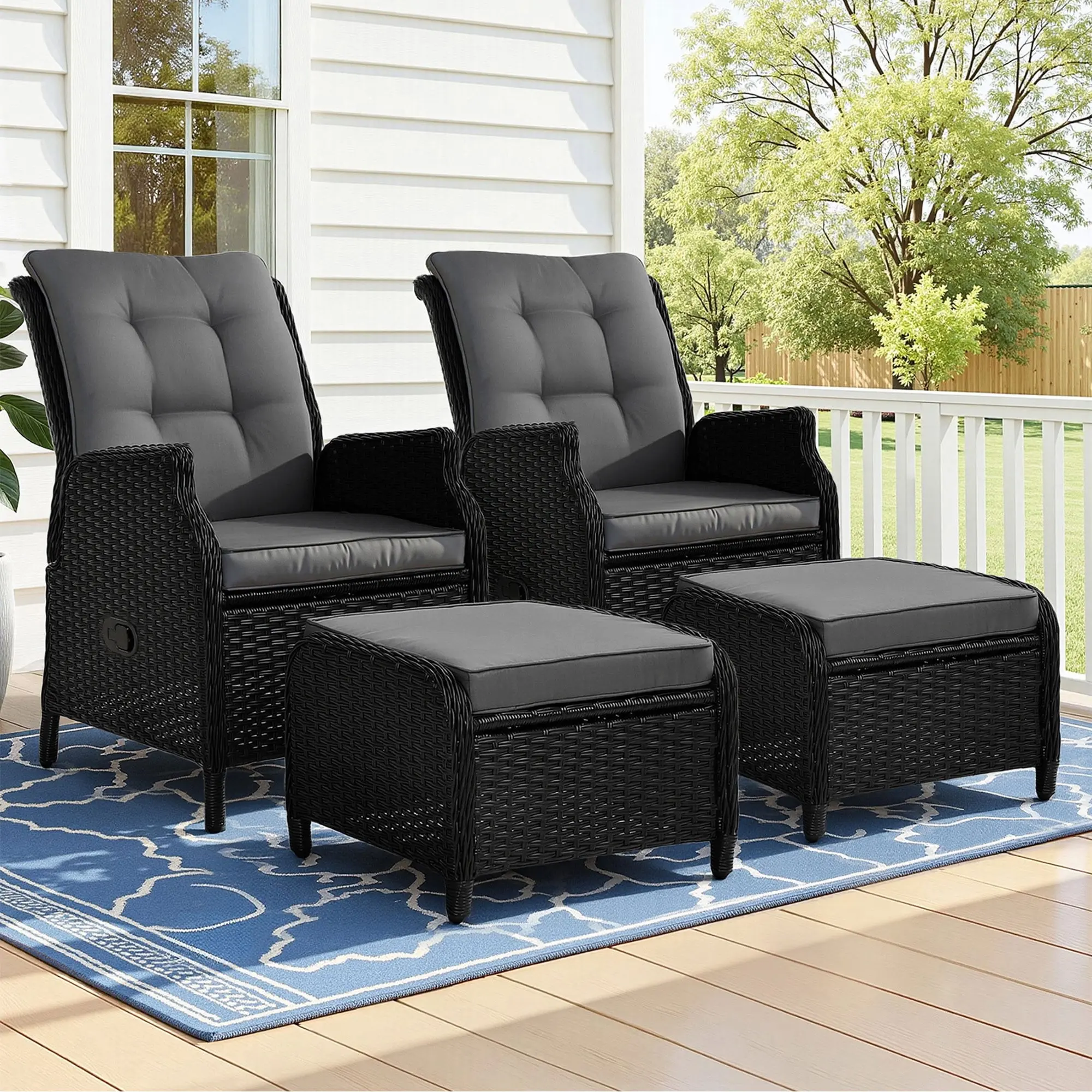 Gardeon 2PC Recliner Chair Sun lounge Wicker Lounger Outdoor Furniture Adjustable Black