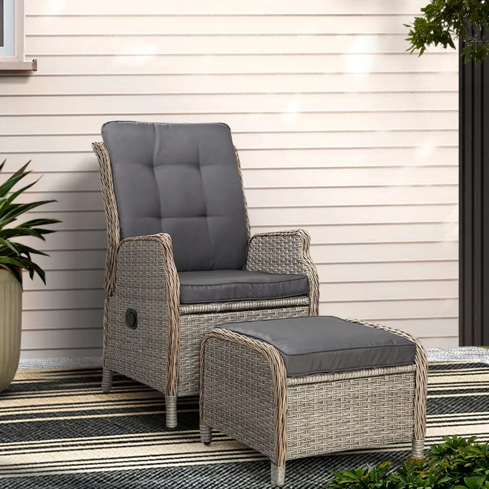 Gardeon Recliner Chair Sun lounge Wicker Lounger Outdoor Furniture Patio Adjustable Grey - Up to 65% off Outdoor Furniture