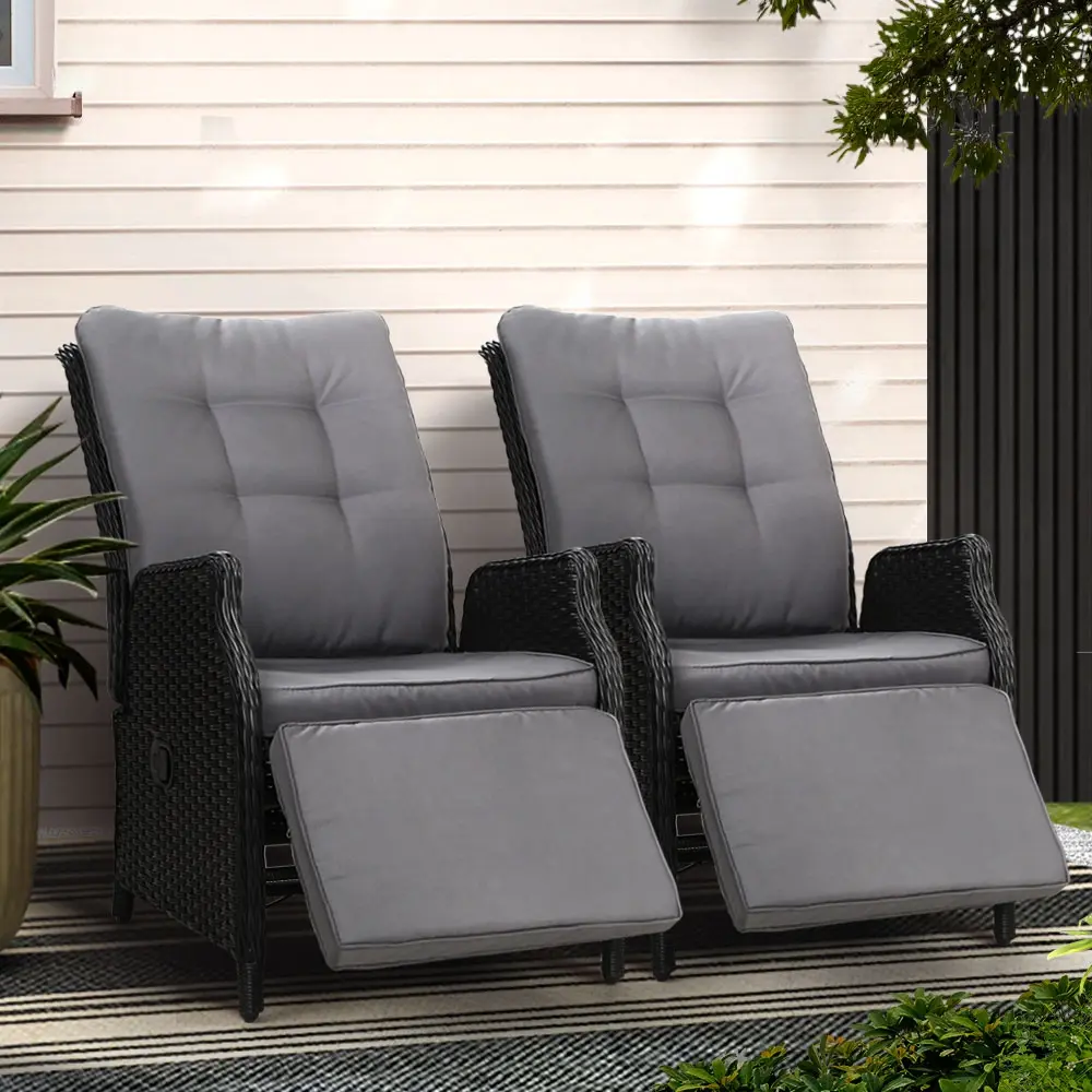 Gardeon 2PC Recliner Chairs Sun lounge Wicker Lounger Outdoor Furniture Adjustable Black T-BKX2