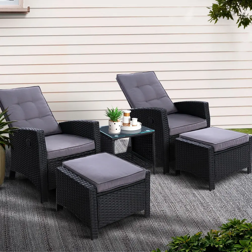 Gardeon 5PC Recliner Chairs Table Sun lounge Wicker Outdoor Furniture Adjustable Black TB-5BK