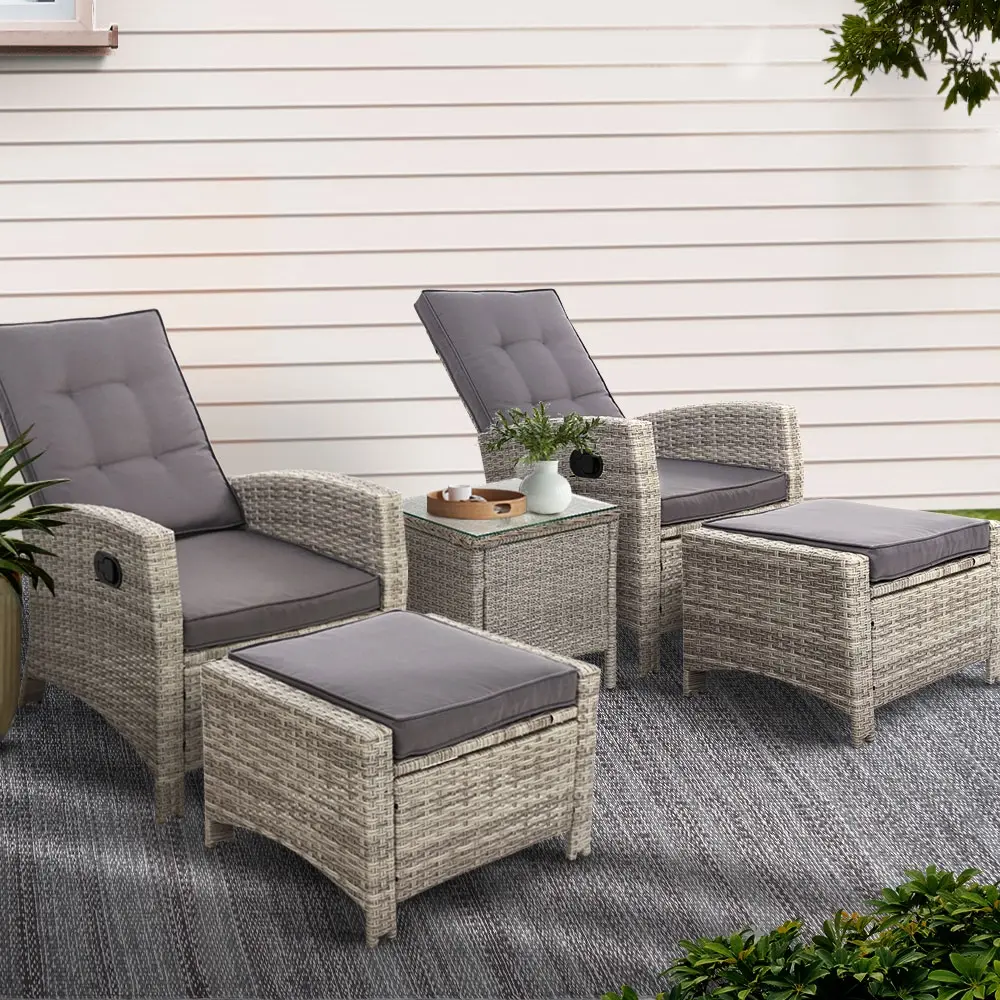 Gardeon 5PC Recliner Chairs Table Sun lounge Wicker Outdoor Furniture Adjustable Grey TB-5GE
