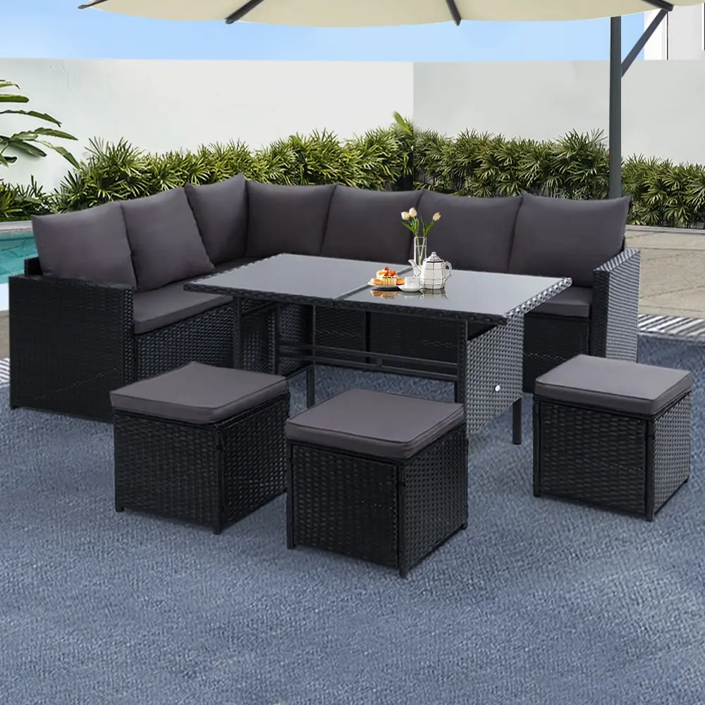 Gardeon Outdoor Dining Set Sofa Lounge Setting Chairs Table Ottoman Lawn Black - Furniture