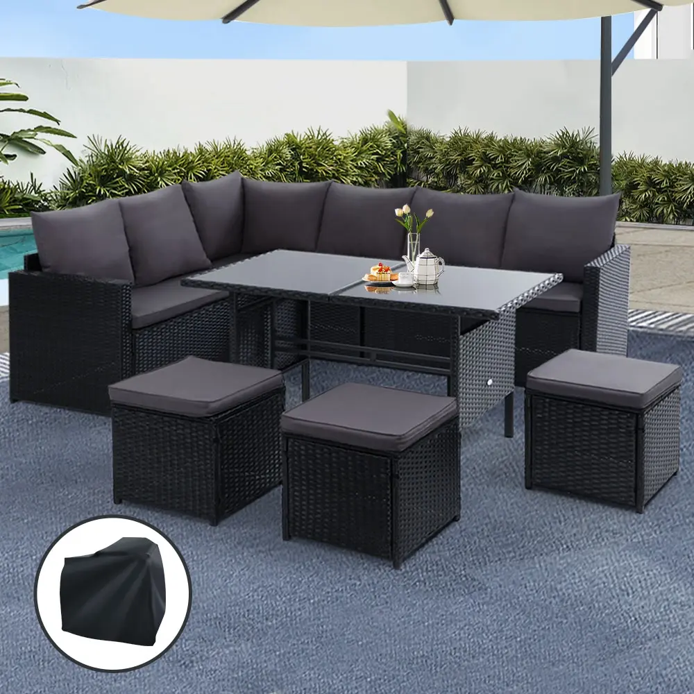 Gardeon Outdoor Dining Set Sofa Lounge Setting Chairs Table Ottoman Black Cover - Furniture