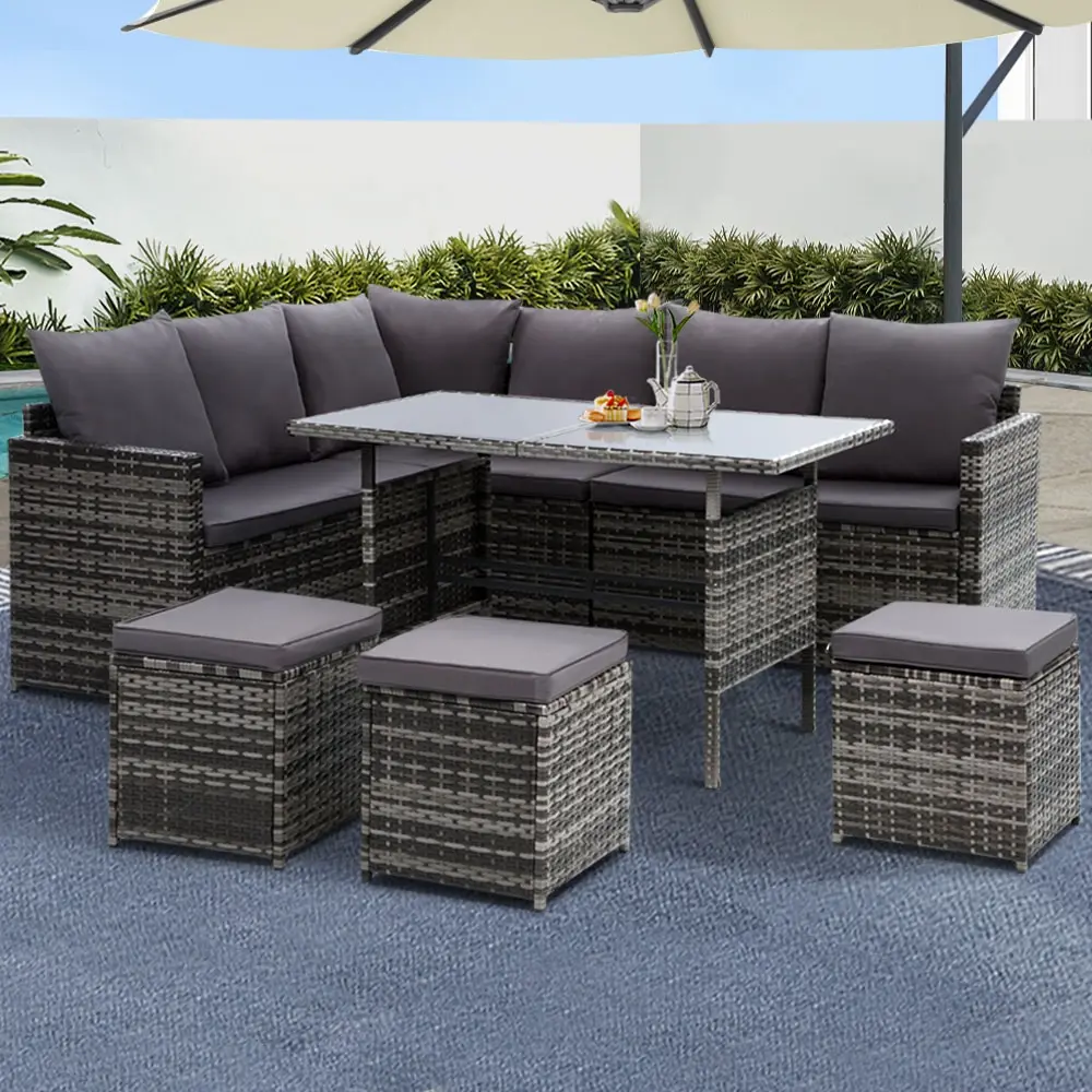 Gardeon Outdoor Dining Set Sofa Lounge Setting Chairs Table Ottoman Lawn Grey - Furniture