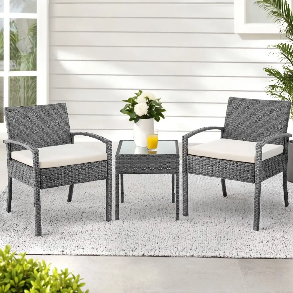 Gardeon 3PC Patio Furniture Bistro Set Wicker Outdoor Lounge Setting Grey