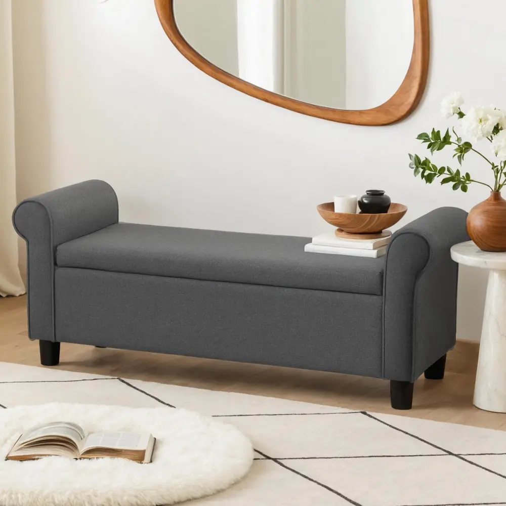 Artiss Storage Ottoman Blanket Box 125cm Arm Linen Grey - Over 40% off Living Room Furniture