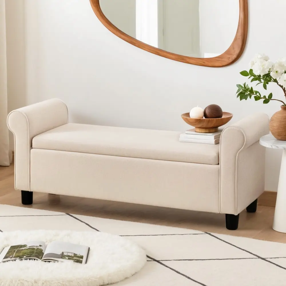 Artiss Storage Ottoman Blanket Box 125cm Arm Linen Taupe - Over 40% off Living Room Furniture