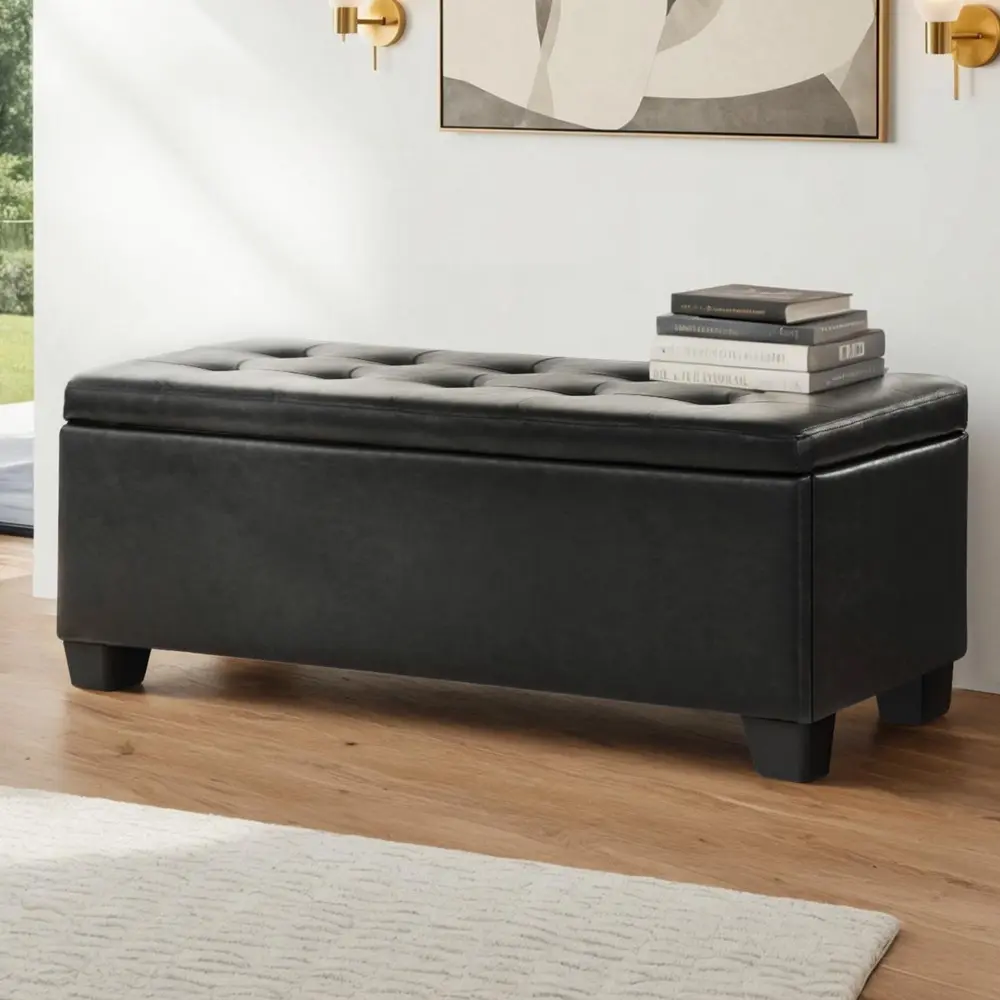 Artiss Storage Ottoman Blanket Box 97cm Leather Black - Over 40% off Living Room Furniture