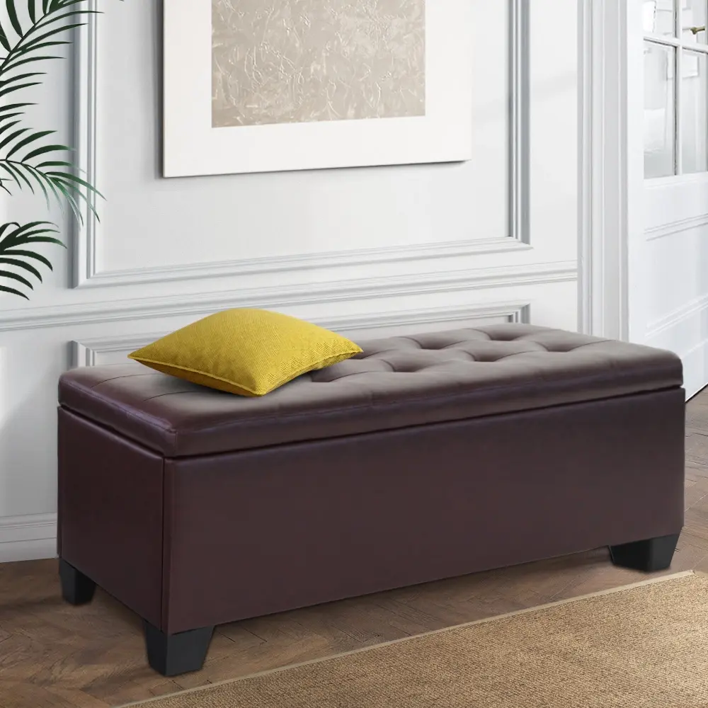 Artiss Storage Ottoman Blanket Box 97cm Leather Brown - Over 40% off Living Room Furniture