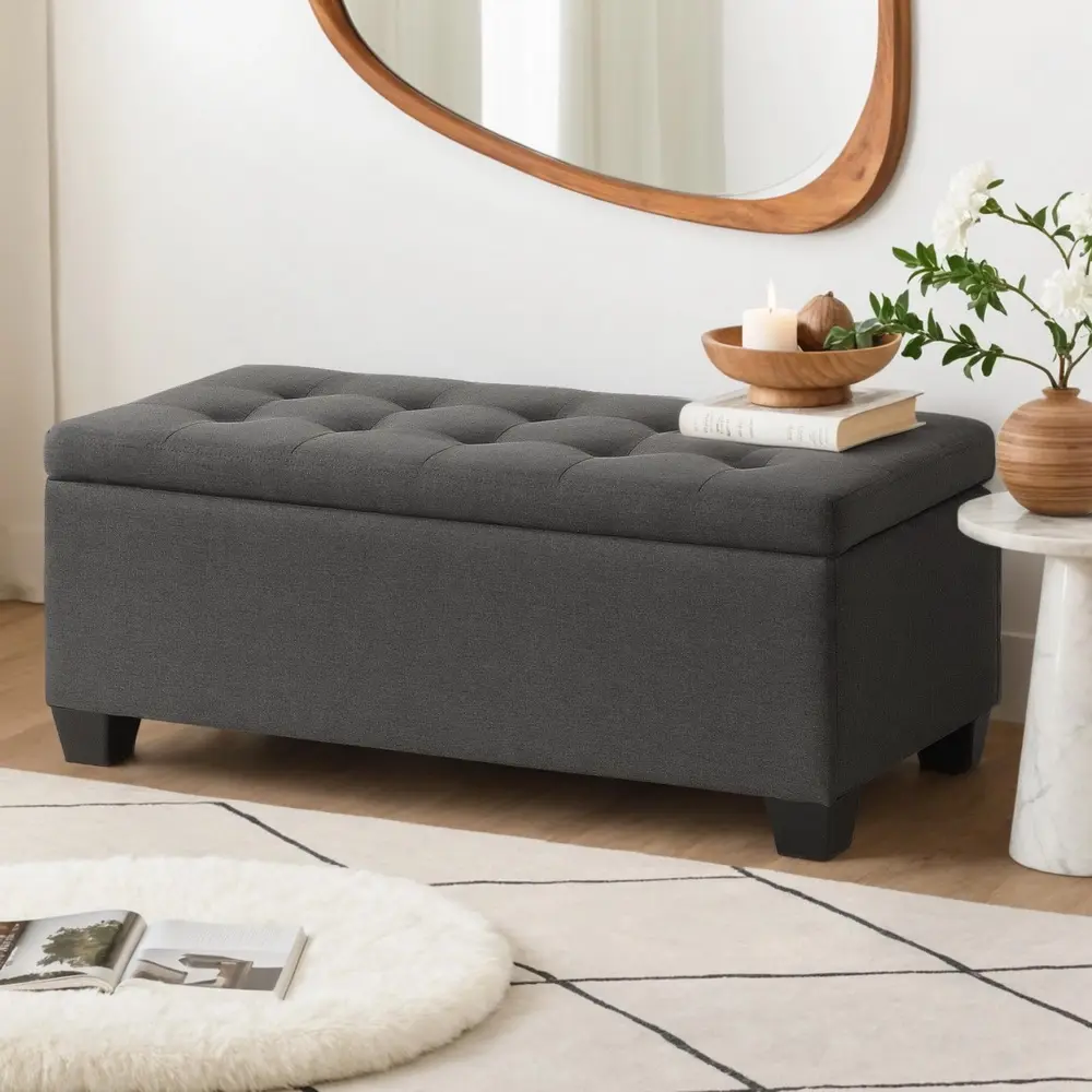 Artiss Storage Ottoman Blanket Box 97cm Linen Charcoal - Over 40% off Living Room Furniture