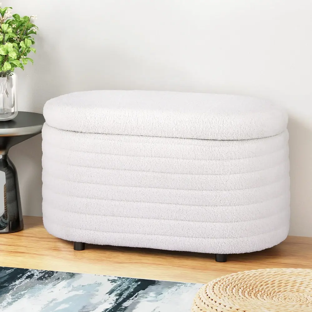 Artiss Storage Ottoman Blanket Box 87cm Boucle Fabric Oval - Furniture