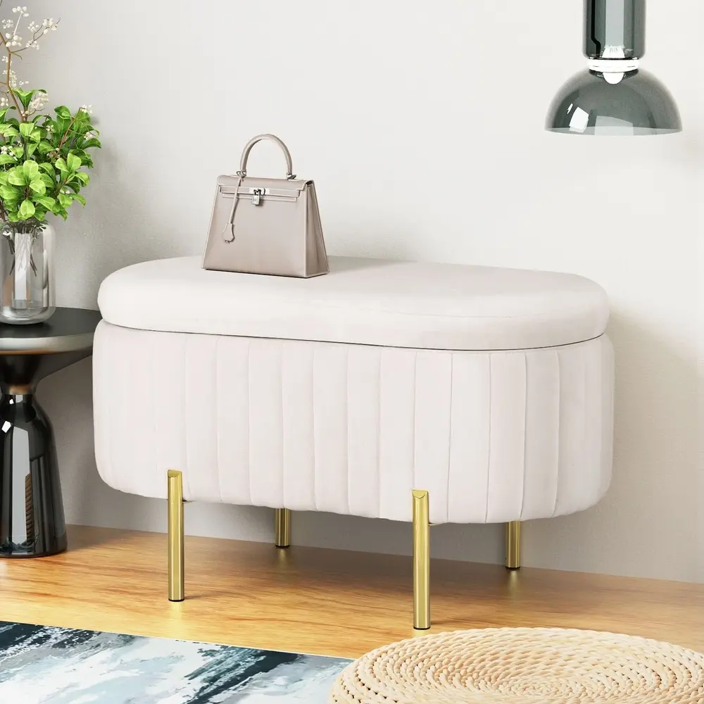 Artiss Storage Ottoman Blanket Box 87cm Velvet Oval White - Furniture