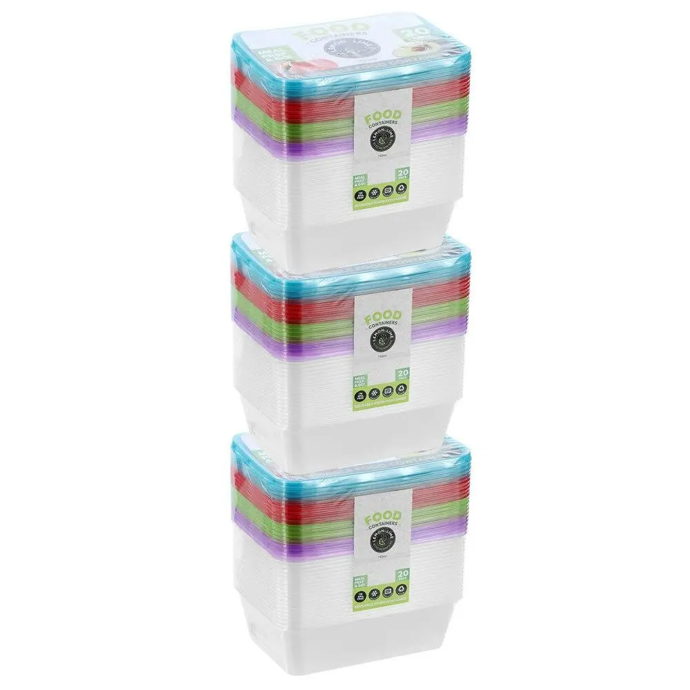 3x 20PK Lemon & Lime Rectangle 750ml Reusable Food Container w/ Coloured Lids - Home & Garden