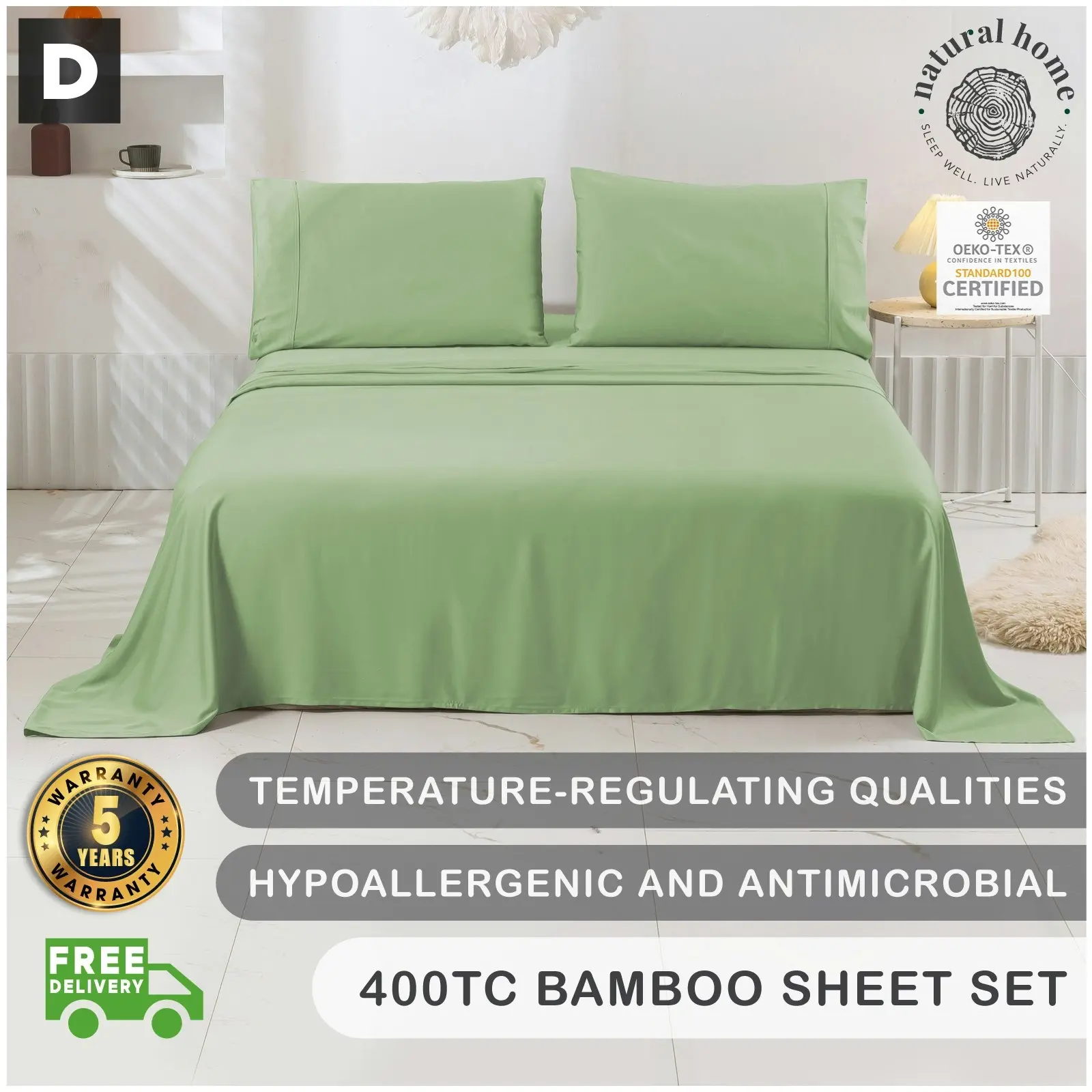 7007296 Natural Home Bamboo Sheet Set DB SAGE - Home & Garden