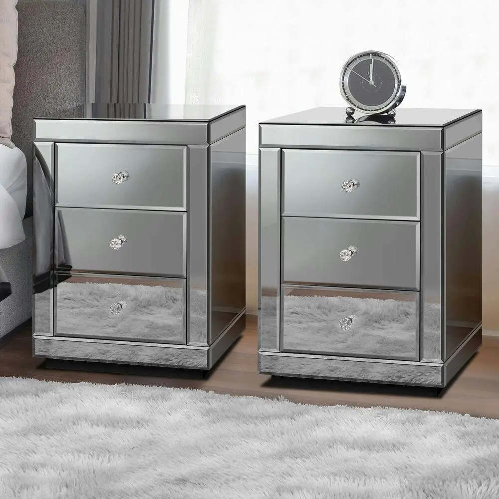 Alfordson 2x Bedside Table Mirrored Grey - Furniture