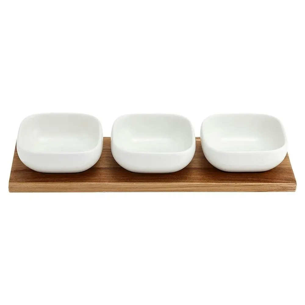 4pc Ladelle Essentials 3 White Serving Snack/Dip Porcelain Bowls/Acacia Tray Set - Home & Garden